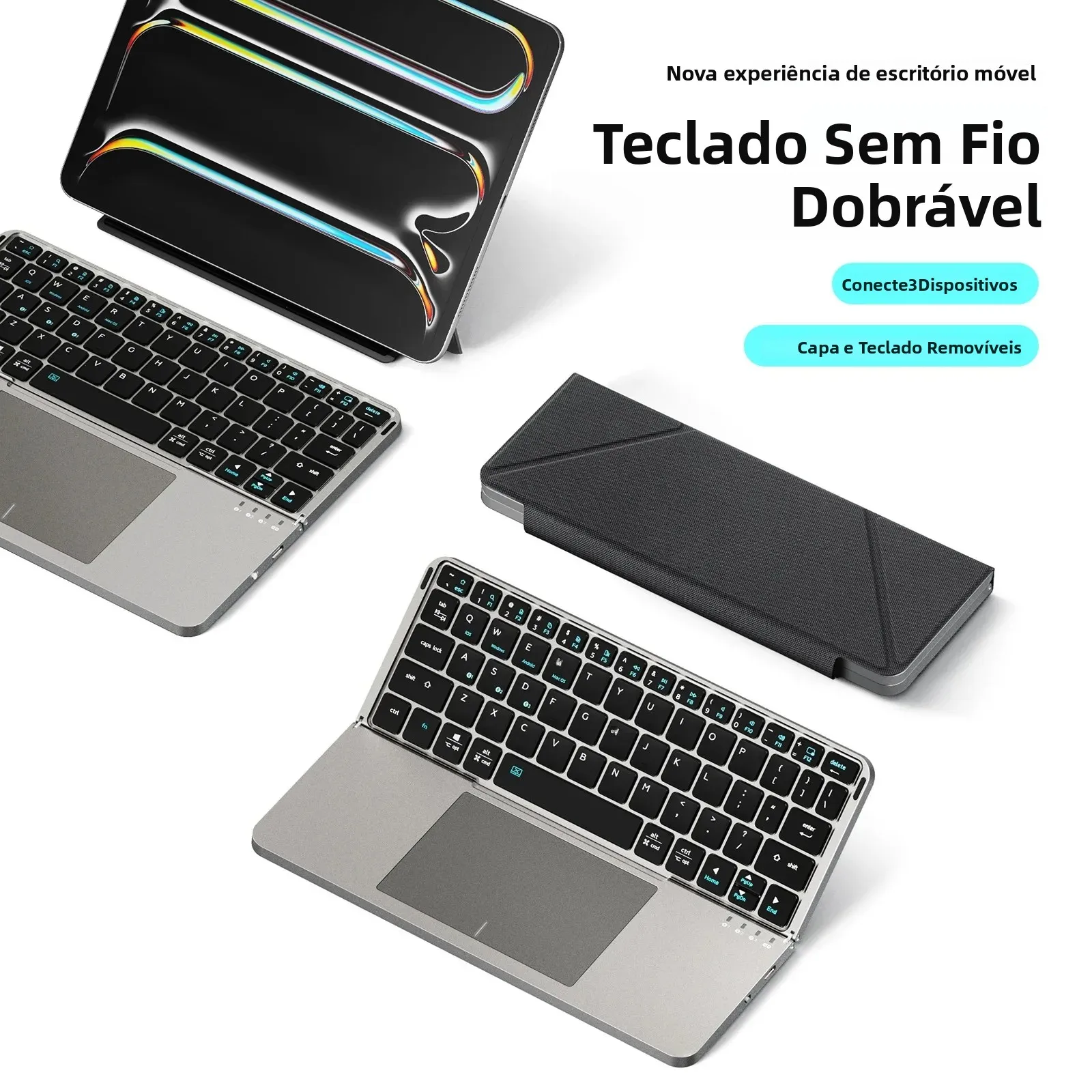 Teclado Bluetooth Dobrável com Touchpad e Suporte para Telefone, Teclado Sem Fio Multifuncional Bluetooth 5.0 para Telefone, Tablet e PC