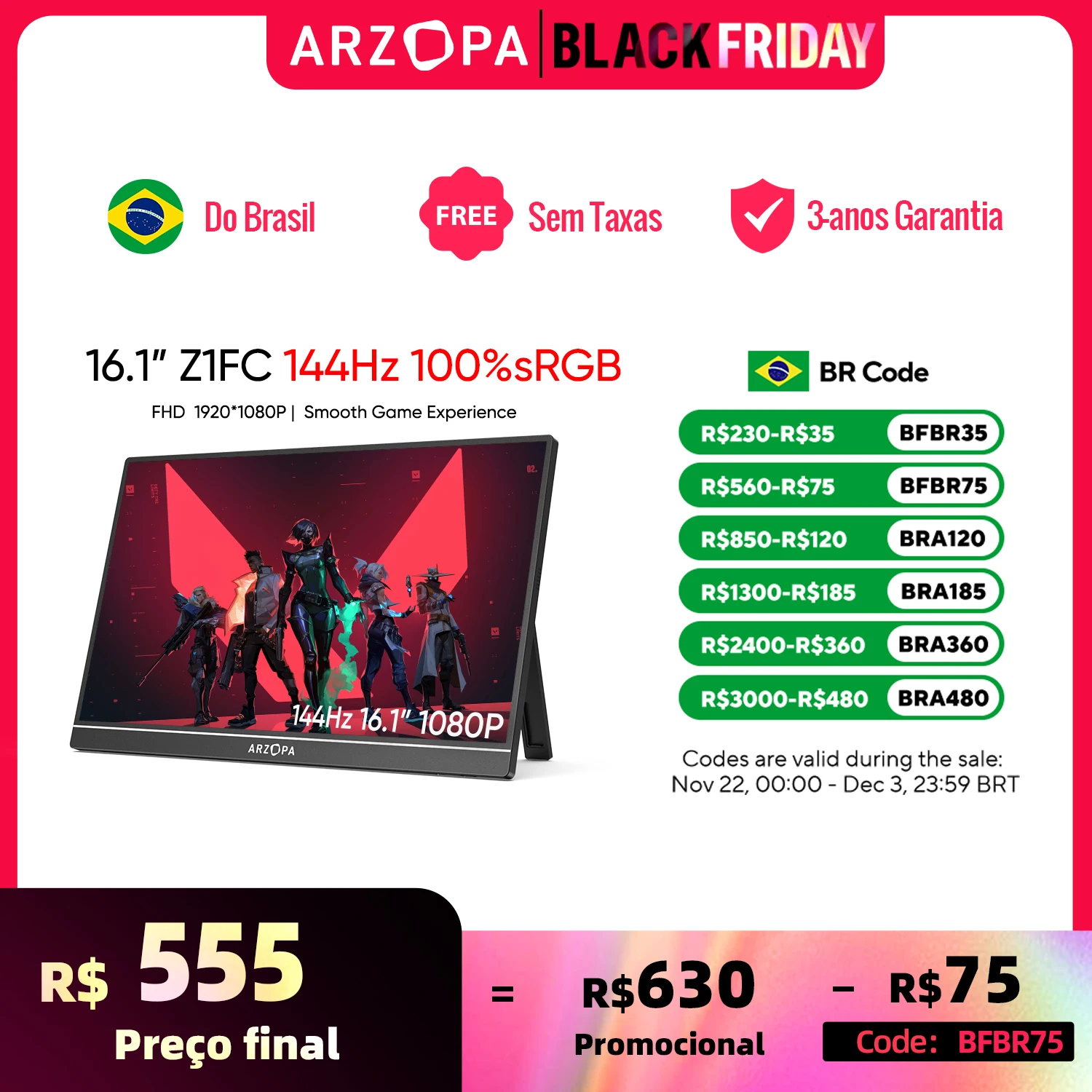 [produto no brasil] Novo ARZOPA 16.1 polegada 100% sRGB 144Hz Monitor de Jogos Portátil Display Laptop com Tipo C Mini HDMI Para PS4/5 Steam Deck Switch XBOX PC Mac, Z1FC