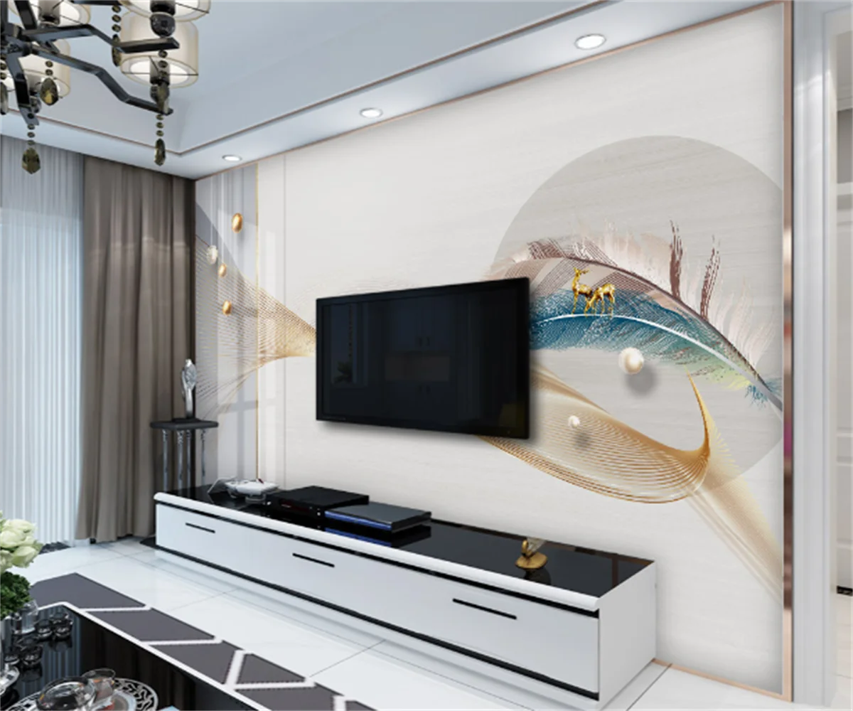 Customized 3D arbitrary size wallpaper stickers Nordic light luxury feather gold deer geometric combination TV background wall