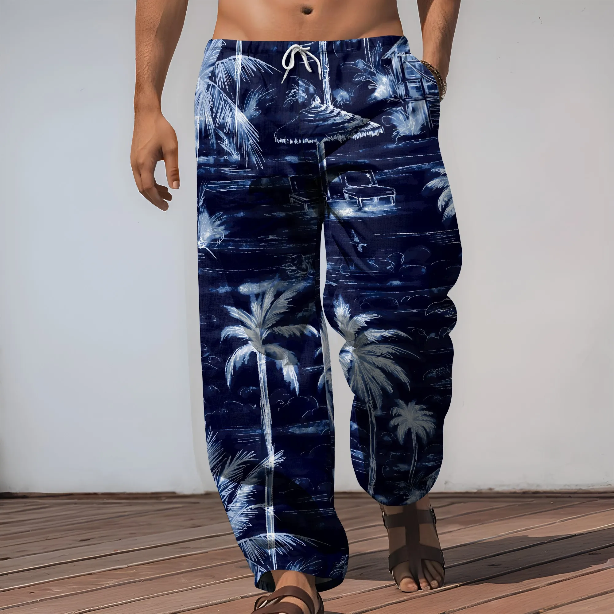 YEAE Palm Tree Beach Print Broek voor Heren Zomer Casual Losse Broek met Trekkoord