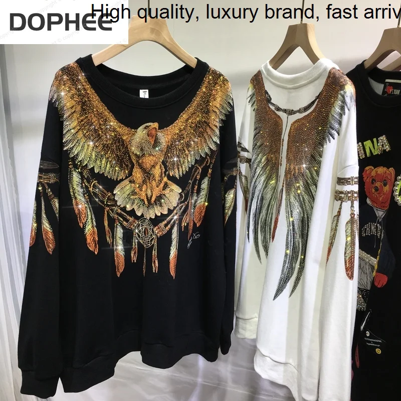 

Hot Drilling Luxury Women Sweatshirt Domineering Eagle Back Wings Long Sleeve Pullover Top 2023 New Autumn Streetwear Hoodies