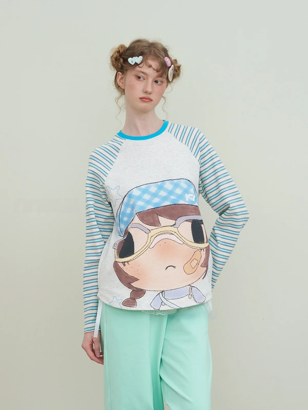 Riverstone plus Stripe Print Girl T-Shirt Long Sleeve Casual Style Cotton Blend Autumn Top Collaborative Design round Neck