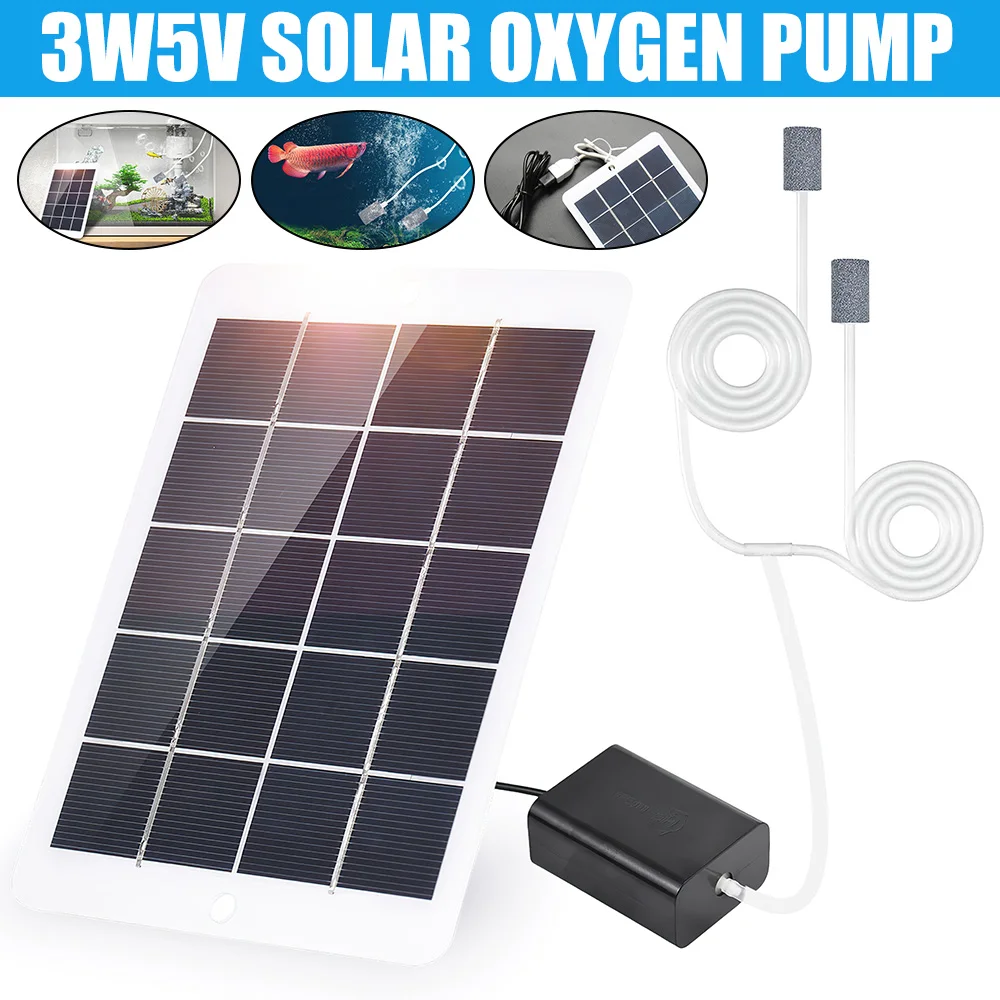 3W 5V Solar Power Oxygen Pump Low Noise Oxygenator Air Pump Outdoor Pond Fish Tank Aquarium Oxygen Aerator Air Pump Solar Panel