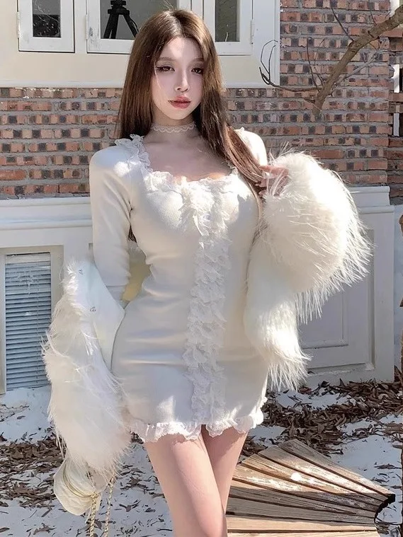 

Women's Long Sve Knitted Dr with Tassel Square Collar Twist Knit Wrap around Skirt Slim Fit Inner Wear Autumn Winter Fa...