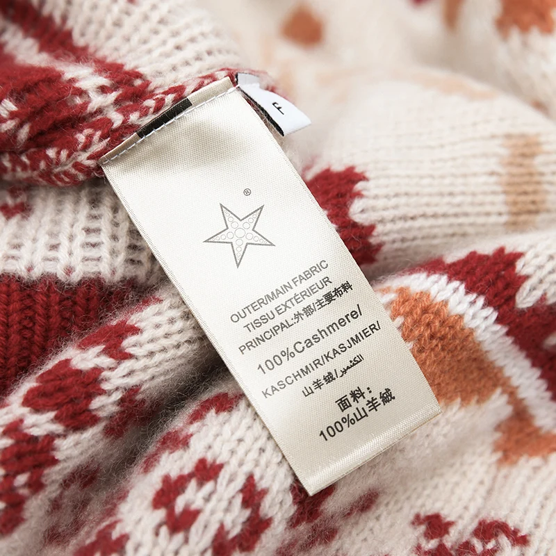 100% Pure cashmere sweater Red European high-end super good-looking lazy loose thick Fair Isle cashmere sweater