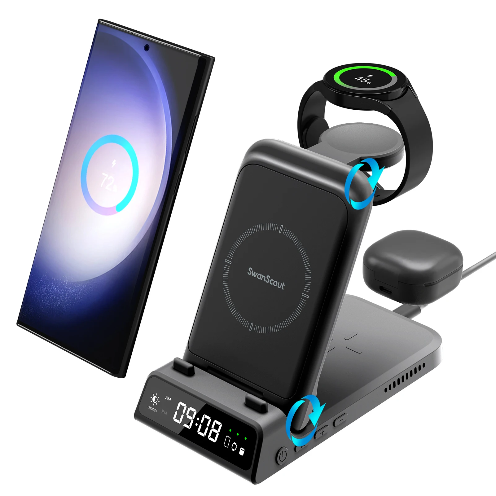 SwanScout 707M Magnetic Charging Station for iPhone 16 15 14 13 12 Wireless Charger Stand for Apple Watch 2-10 SE for AirPods 4