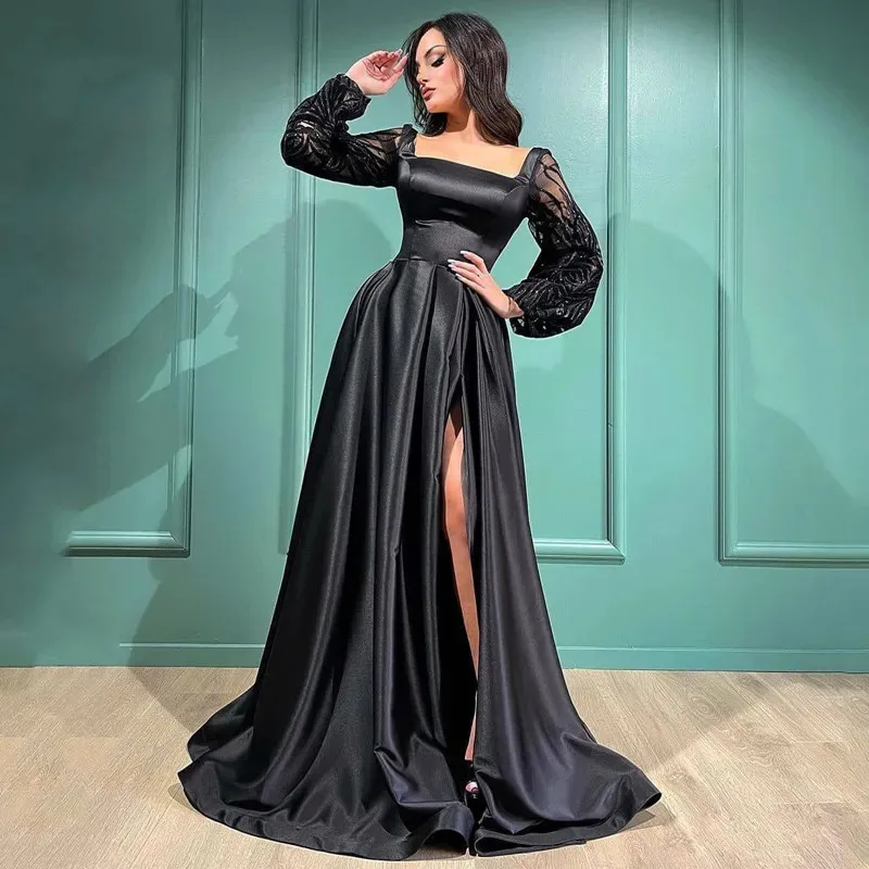 

Black High Split Satin Prom Dress 2022 Square Collar Puff Long Sleeves Saudi Arabia Dubai Party Evening Gown Floor Length