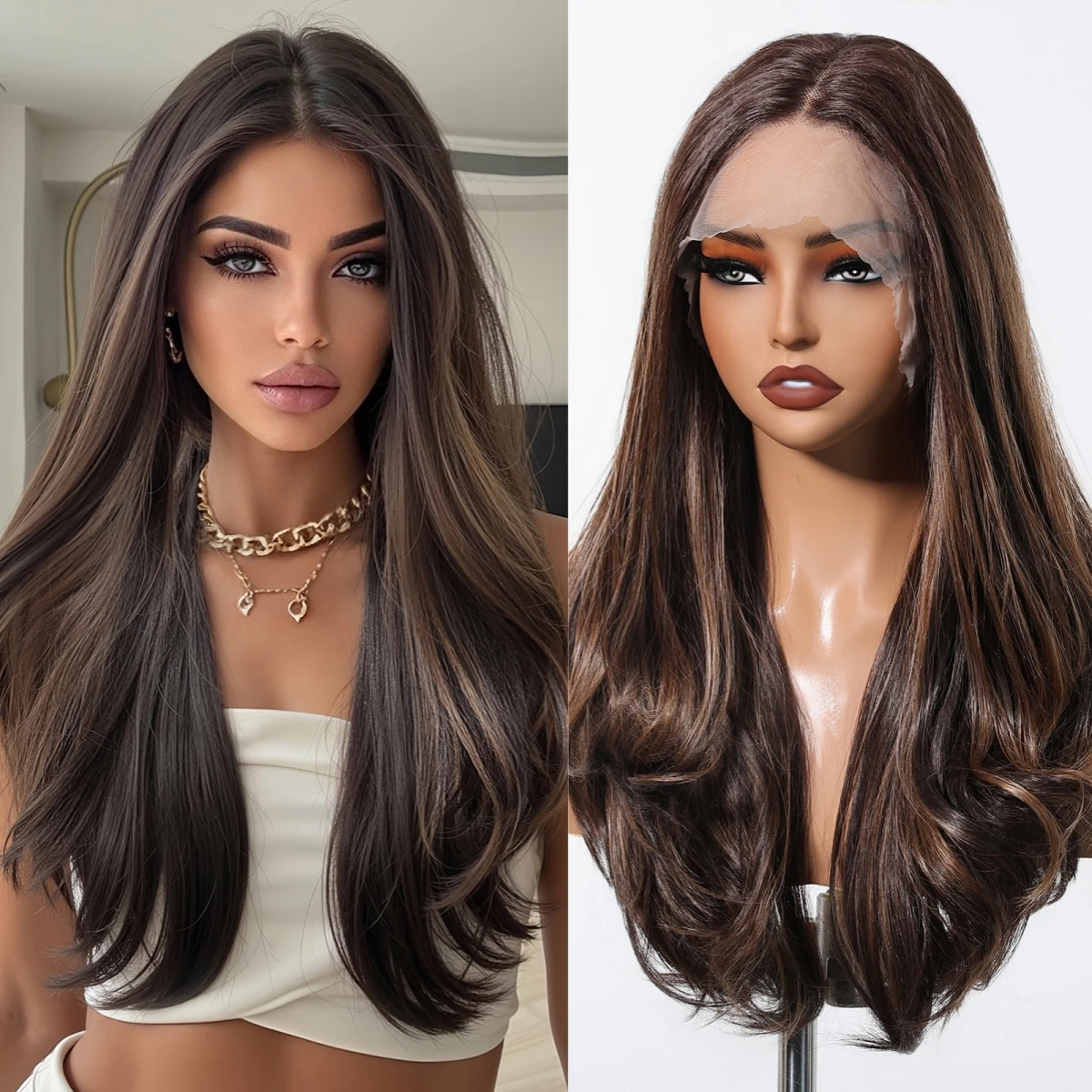 

HAIRCUBE Длинные коричневые синтетические парики для женщин Ежедневное использование для вечеринок Высокая плотность 13*6 Объемная волна Предварительно выщипанные парики на шнурке Натуральная линия волос