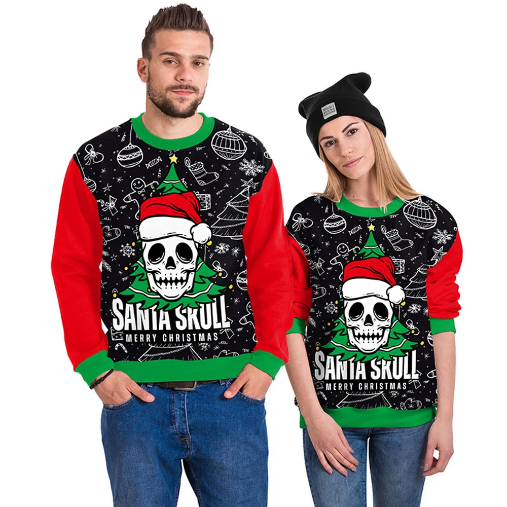 

Men Women Crewneck Xmas Sweatshirt 3D Funny Print Holiday Party Jumpers Tops Couples Pullover Santa Skull Ugly Christmas Sweater