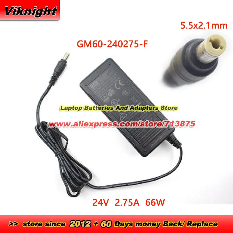 Genuine GVE GM60-240275-F AC Adapter 24V 2.75A 66W Power Supply for SEMACON S-2500 CURRENCY DISCRIMINAT With 5.5x2.1mm Tip