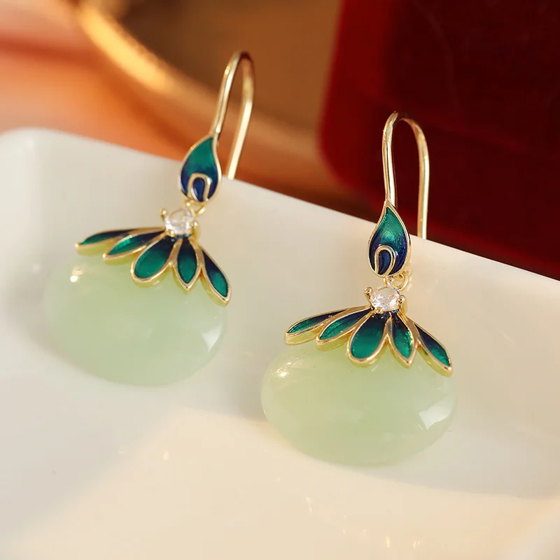 Countryside Style Lotus Pendant Earrings For Women Enamel Flower Inlay Green/White Cubic Zircon Earrings Fresh Elegant Jewelry