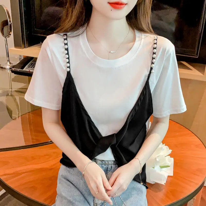 Chiffon Patchwork Short Sleeve T Shirts Summer New Fake Two-piece Solid Color Loose Trend Tops Fashion Casual Women Clothing