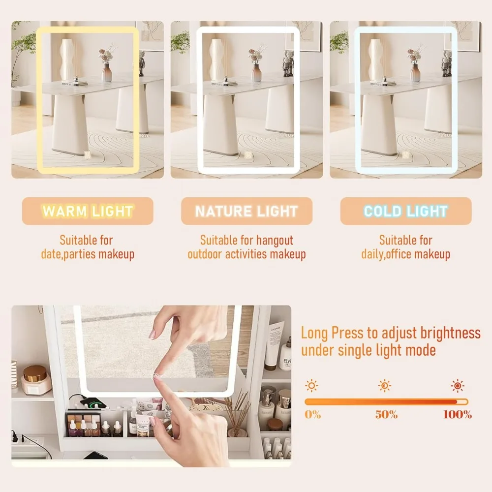 Scrivania per trucco illuminata a LED con presa di corrente, sgabello e deposito gioielli, scrivania bianca per trucco