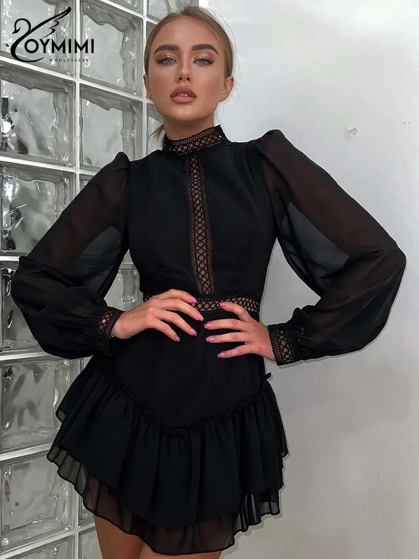 

Oymimi Fashion Black Lace Womens Dresses Elegant O-Neck Long Sleeve High Waist Dress Casual Pleated Mini Dress Female Streetwear
