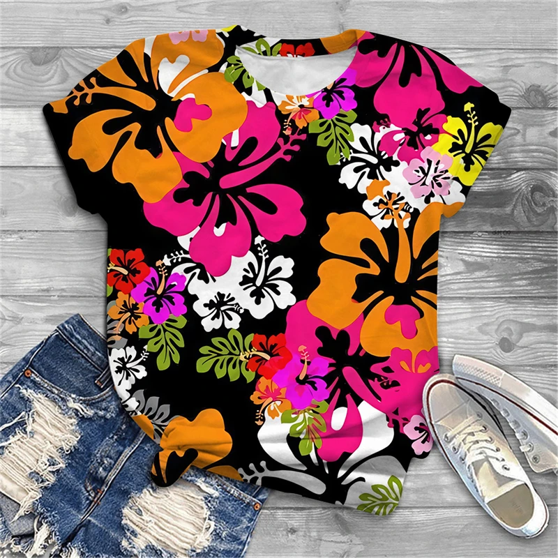 T-shirt à motif de fleurs brillantes en 3D pour femmes, nouvelle mode de rue coréenne, col rond, manches courtes, chemise décontractée imprimée, été 2023