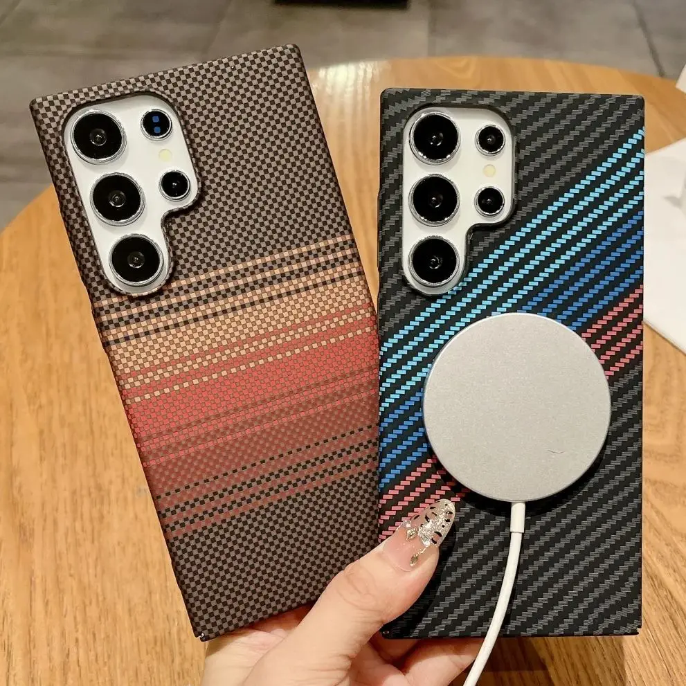 سليم ألياف الكربون كيفلر نمط ل Magsafe المغناطيسي حقيبة لهاتف سامسونج S25 S24 S22 S23 الترا A56 A55 A15 A16 الصلب درع غطاء الكمبيوتر