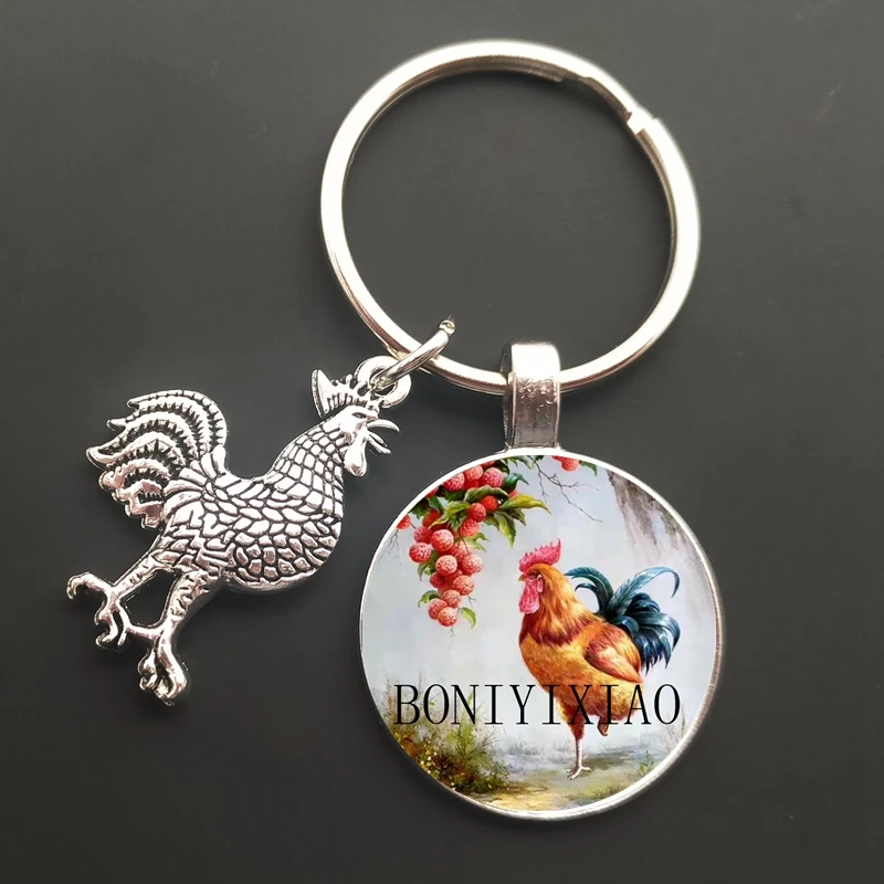 Floral Chicken Rooster Glass Cabochon Keychain Cute Chicken Glass Key Ring Lovely Animal Cock Purse Bag Key Holder for Women