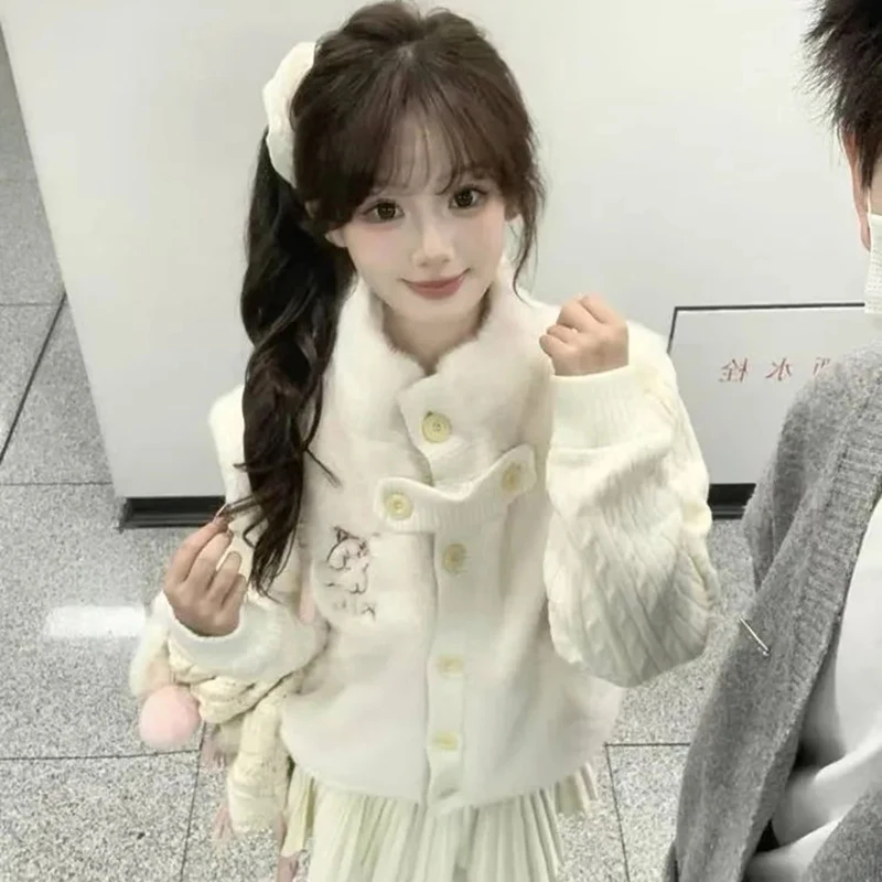

Женское милое пальто в консервативном стиле, японская осенне-зимняя теплая лоскутная куртка Kawaii, пушистый вязаный кардиган из искусственного флиса ягненка