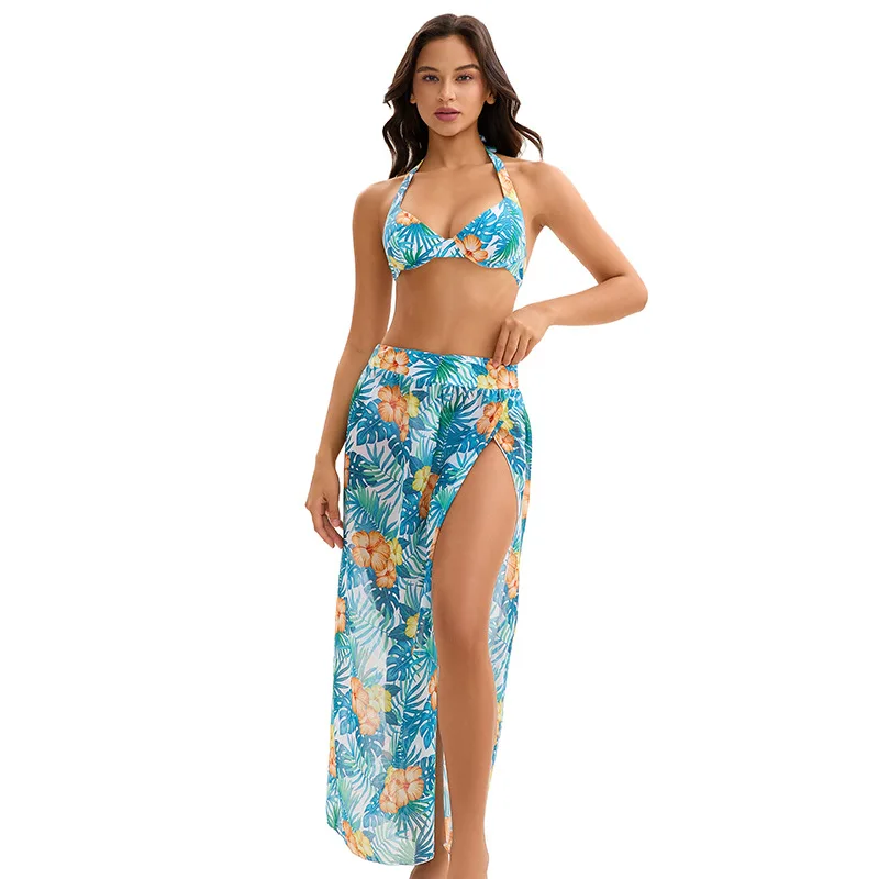 2026 Print Cross Three Piece Vent Long Skirt Bikini Swimsuit Women Swimwear Female Bather Bathing Swimming Swim Suit Beachwear