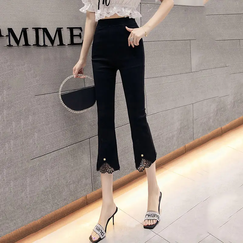 Summer Casual Fashion Patchwork Lace Solid Color Elastic Waist Thin Cropped Pants Ladies All-match Irregular High Waist Flare