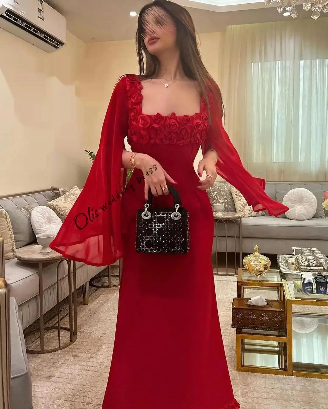 

customized Elegant Long Sleeves Prom Dresses Sexy Square Neck Ankle Length Red Chiffon Party Dresses Flowers Formal Evening Dres