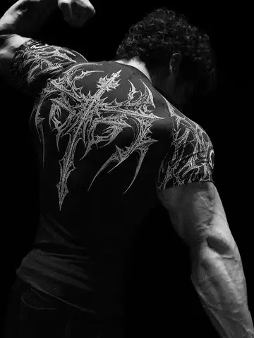 GYM T-shirt Men's Dark Gothic Print Muscle Tee  High Elasticity And Quick Drying Exercise For Bodybuilding Training 2025 Summer