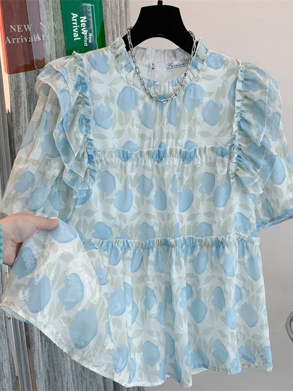 

Свободный крой женский шифоновый корейский Sle Artistic Splicing Oversize для похудения Crew Ne ort Sve с цветочным принтом