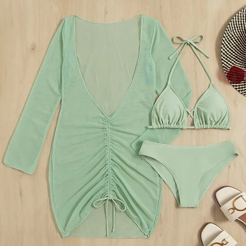 

Sexy Swimsuit Women 3 Piece Bikini Push Up Halter Triangle Thong Bikini Mesh Long Sleeve Drawstring Cover Up Beach Bathing Suit