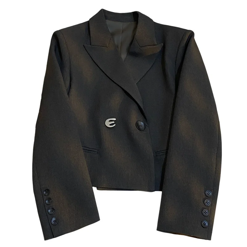 Dark Gray Simple Commuter Short Blazer Women's Autumn Winter Loose Basic Long Sleeve High Quality French Lady Casual Suit Coat
