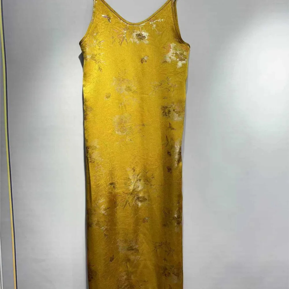 Spring and Summer New Women's Loose Temperament Pearl High-Grade Sling Collar Acetate Bronzing Long Dress Cheongsam