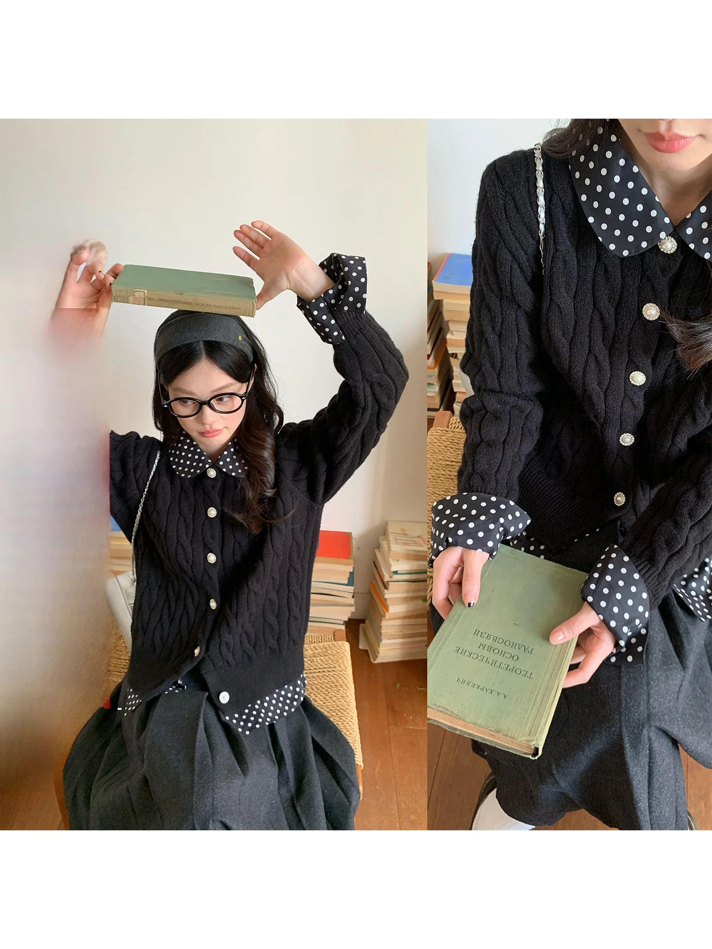 

Женский вязаный кардиган Song Zhengen, вязка в горошек, с узором «косичка», зимний, новый, свободный крой, длинный рукав, на пуговицах