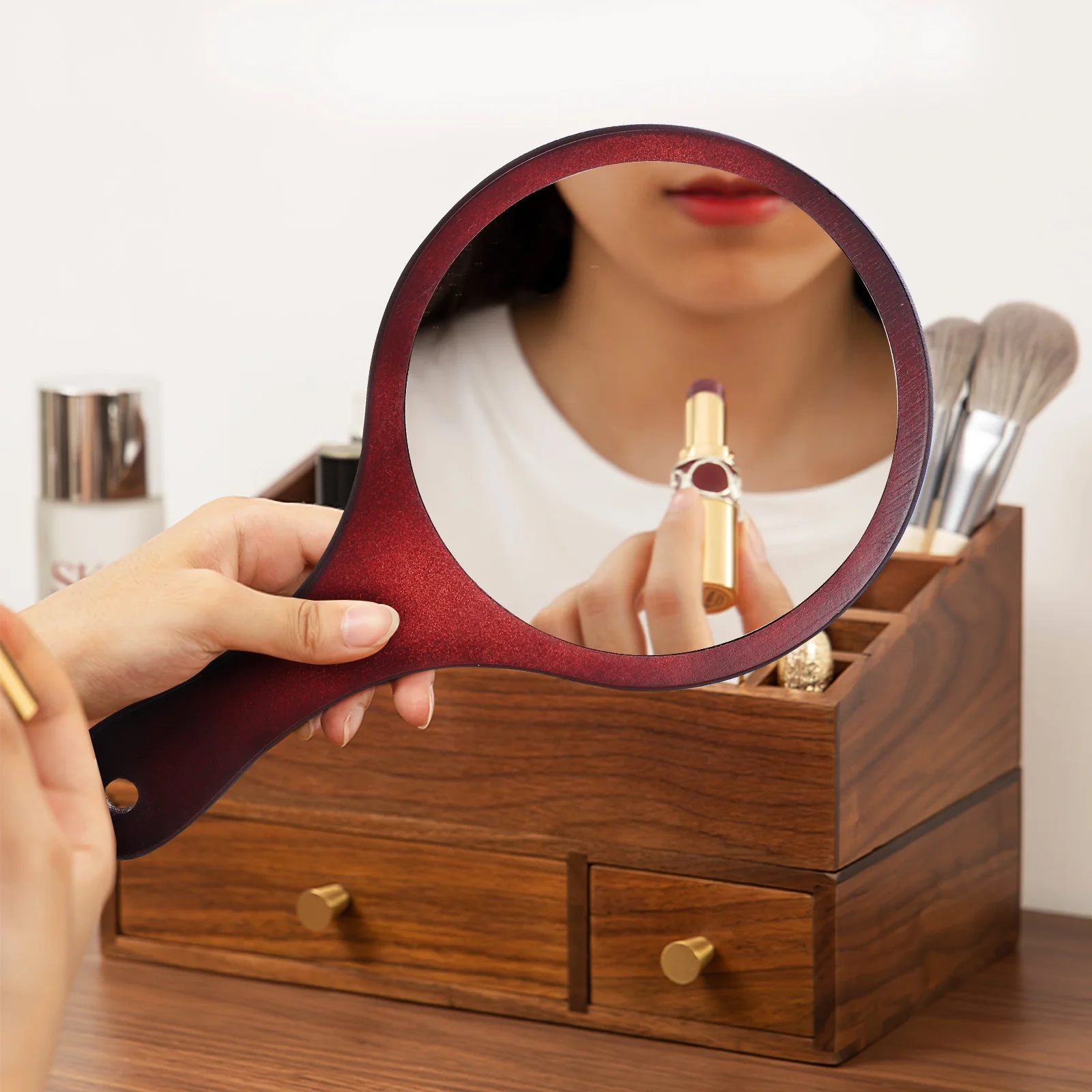 

2Pcs Large Handheld Mirror Wooden Handle Makeup Mirror Portable Stylish Comfortable Grip Ergonomic Design No Splinters Easy