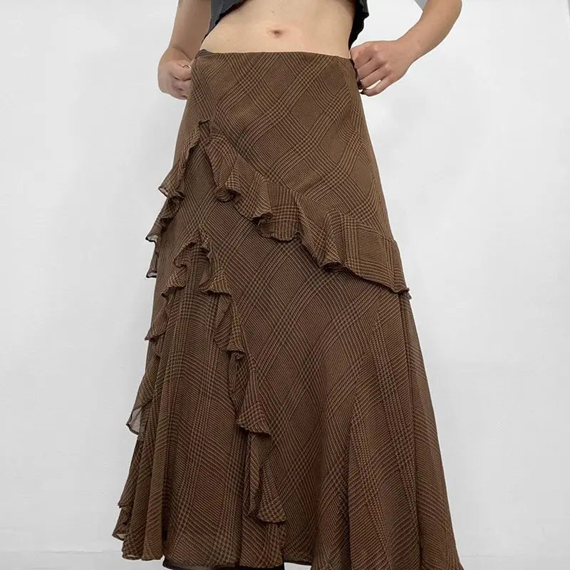 Long Skirts Ruffles Irregular Splicing Streetwear Chic Solid Bottoms Y2K Casual Aesthetic Vintage A-Line Skirt