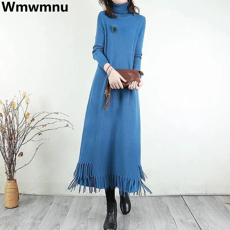 

Turtleneck Tassels Knitted Maxi Dress Thick Loose Women Knitwear Long Dresses Elegant Sweater Vestidos Vintage Fall Winter Robe