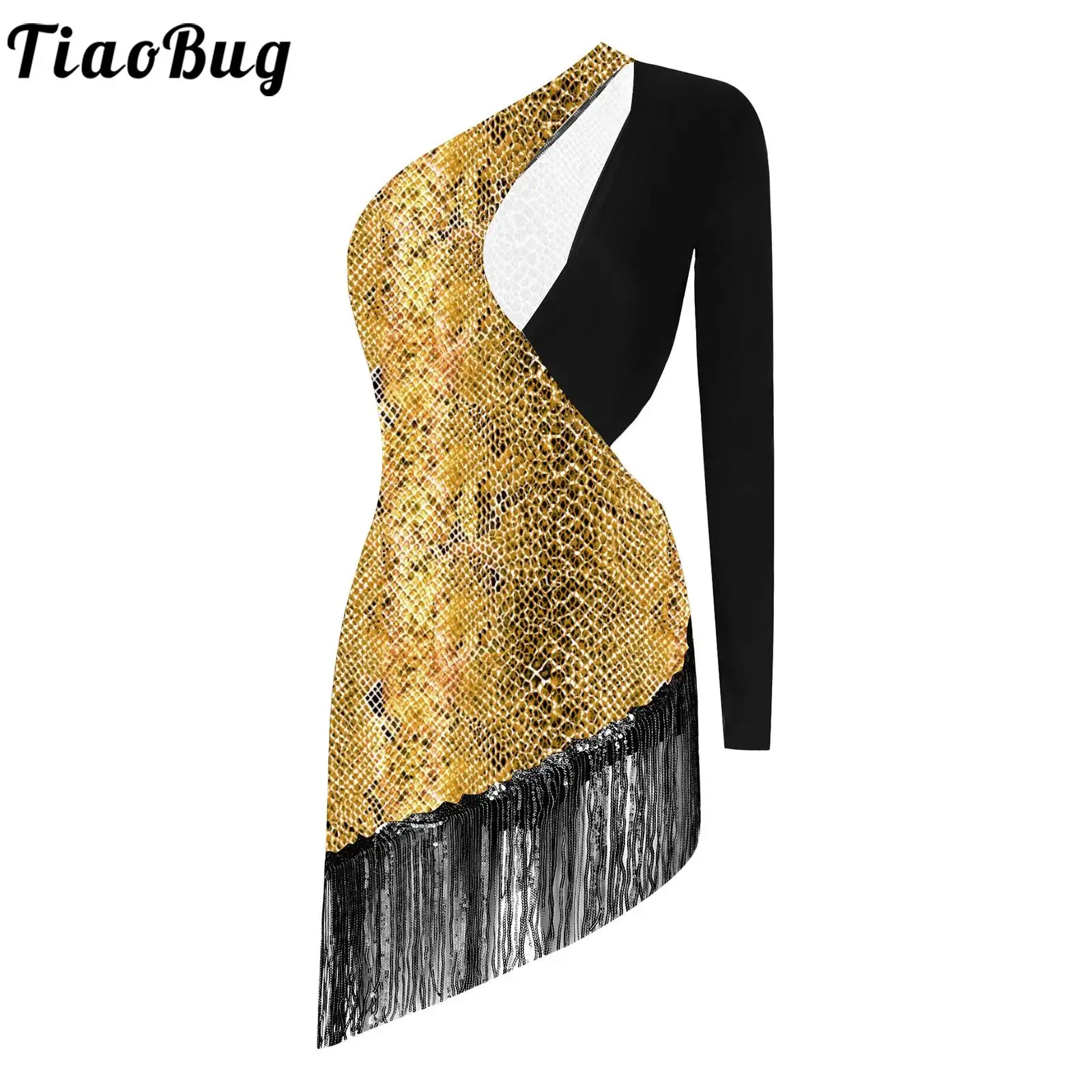

Women Print Latin Dance Dress Rumba Samba Jazz Performance Costume Rhinestones One Long Sleeve Patchwork Sequins Tassel Dress