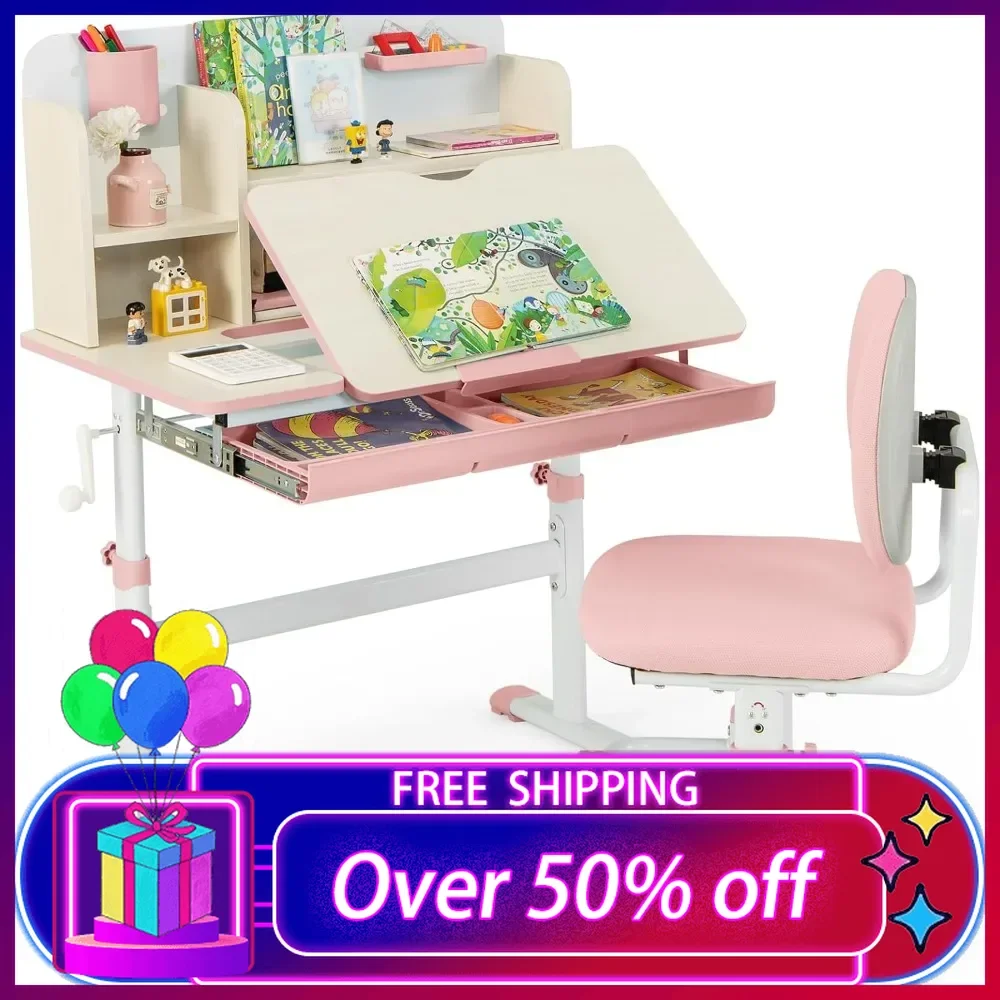 

Kids Desk and Chair Set, Height Adjustable Children School Study Table and Chair Set w/Tilt Desktop, Drawer Hutch, Pen Holder