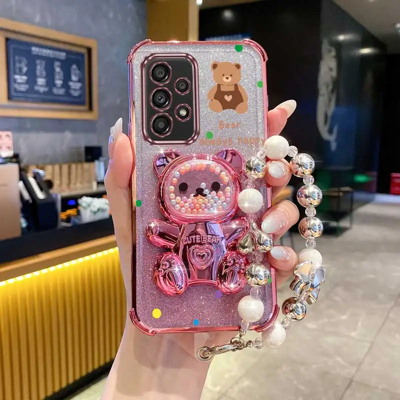 Pearl Strap Lanyard Glitter Strap Bear Phone Holder Case On For Samsung Galaxy A32 A33 A52 A53 A73 A51 A23 4G 5G Stand Cover