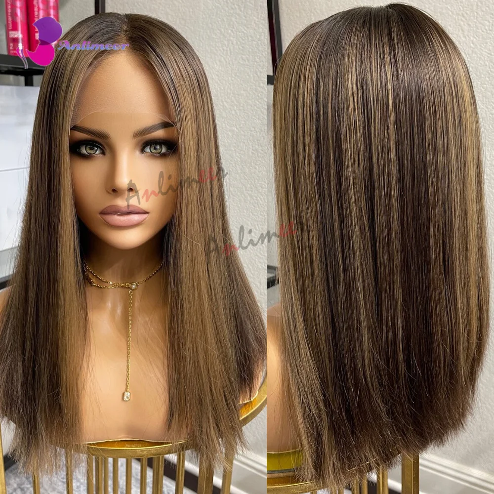 

Highlight Brown Silk Base Wig Human Hair Glueless Human Hair Wigs With Brown Roots 200 Density Lace Front Wigs Short Bob Wigs