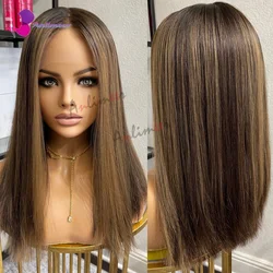 Perruque Bob Lace Front Wig sans colle naturelle, cheveux courts, brun à reflets, avec racines brunes, densité 200