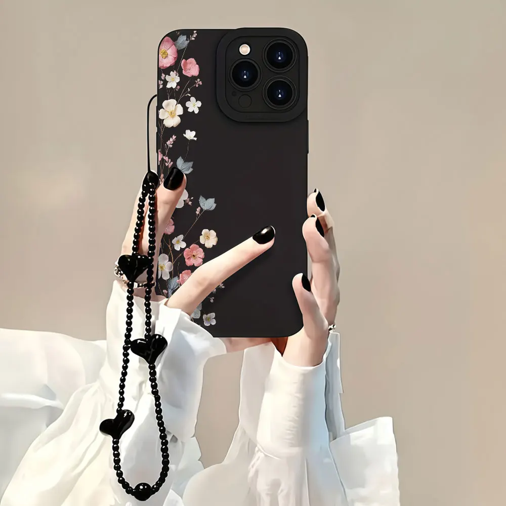 Coque de protection pour iPhone 17 16 15 14 13 Pro Max 12 11 X XS XR 7 8 16 14 15 Plus 16E avec sangle, motif floral aquarelle