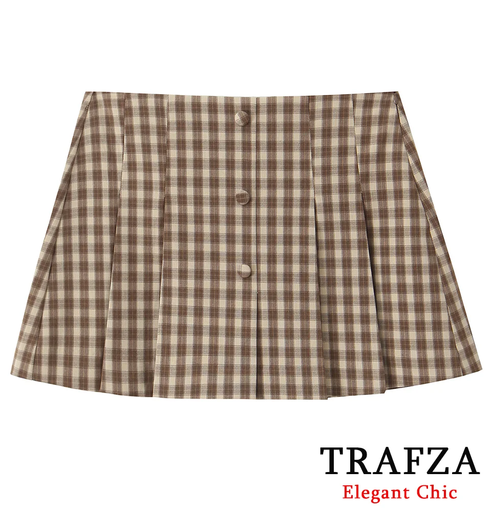 TRAFZA-Women Casual Brown Plaid Mini Skirt Wide Pleated Shorts Skirts New 2025 Fashion Spring Summer Vintage Sweet Culottes