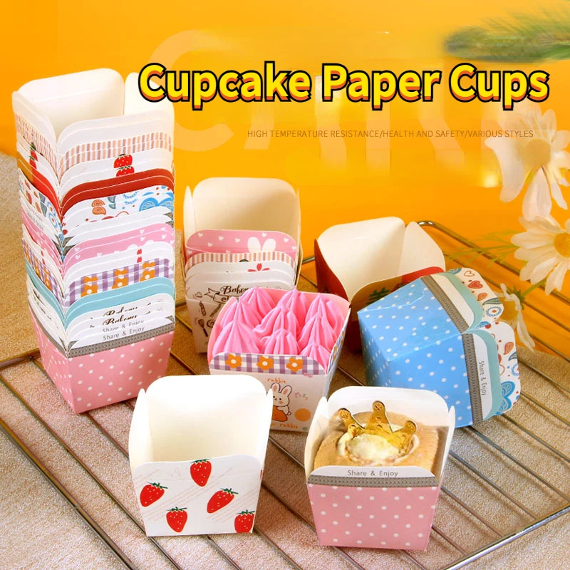 100Pcs Disposable Square Cupcake Liners Food Grade Paper Cup Oil-Proof High-Temperature Oven Kitchen Baking Muffin Cake Molds