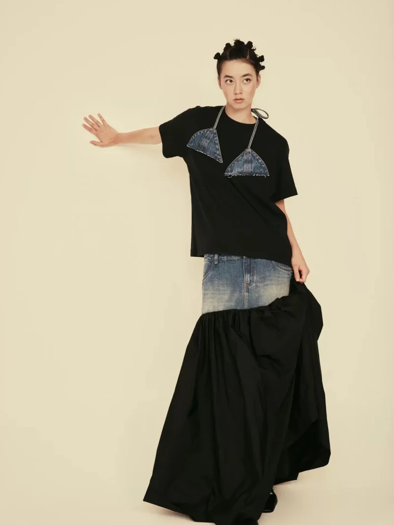 

Streetwear Denim Patchwork 2 Piece Sets Women Outfit Summer Clothes Women 2025 T-Shirt Long Skirt Sets CHIC Two Piece Dress Sets