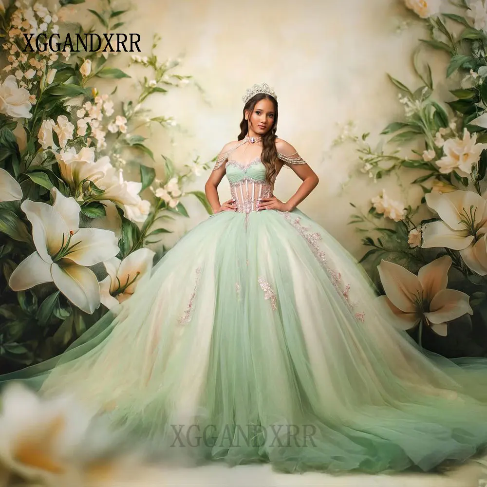 

Customized Light Green Quinceanera Dresses 2026 Lace Applique Ball Gown Sweet 16 Vestidos De 15 Anos Illusion Birthday Prom Gown