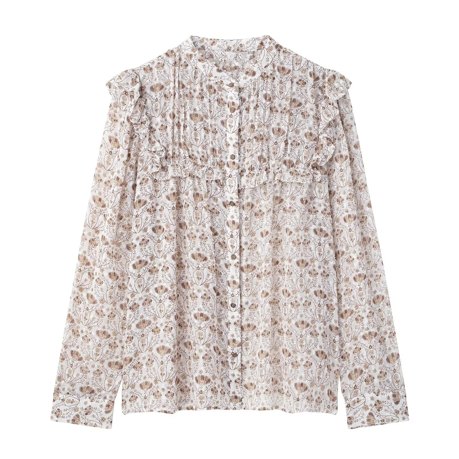 PB&ZA Damen-Langarmbluse mit Blumendruck, Rüschendetails und Knopfleiste vorne für einen femininen und schicken Look