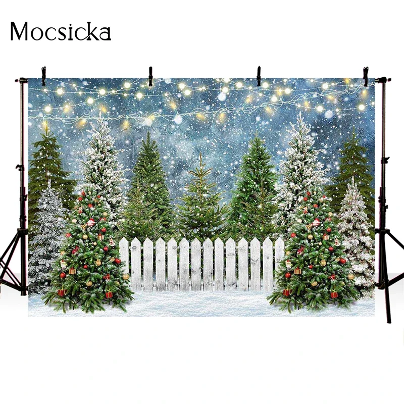 Mocsicka Christmas Tree Background Photography Winter Forest Snow Fence Decoration Child Portrait Photo Backdrops Outdoor Studio