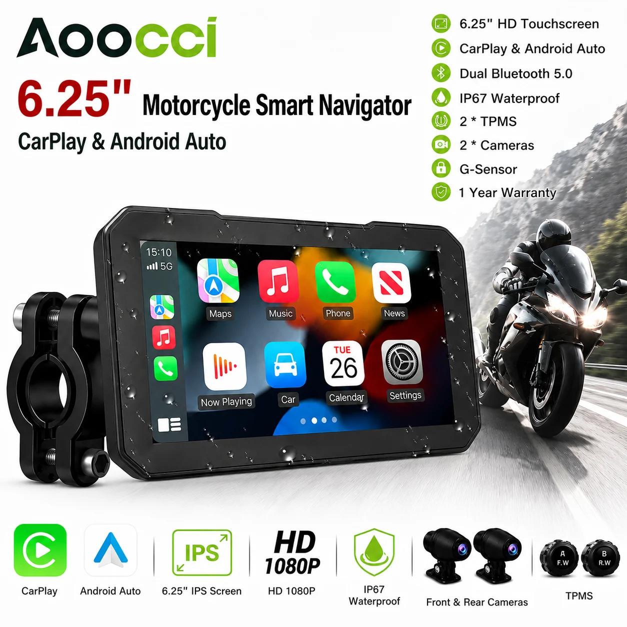 Aoocci C6PRO Motorcycle Carplay Wireless CarPlay&Android Auto 6.25in HD GPS Navigation for Motorbike Dual Bluetooth TPMS DVR