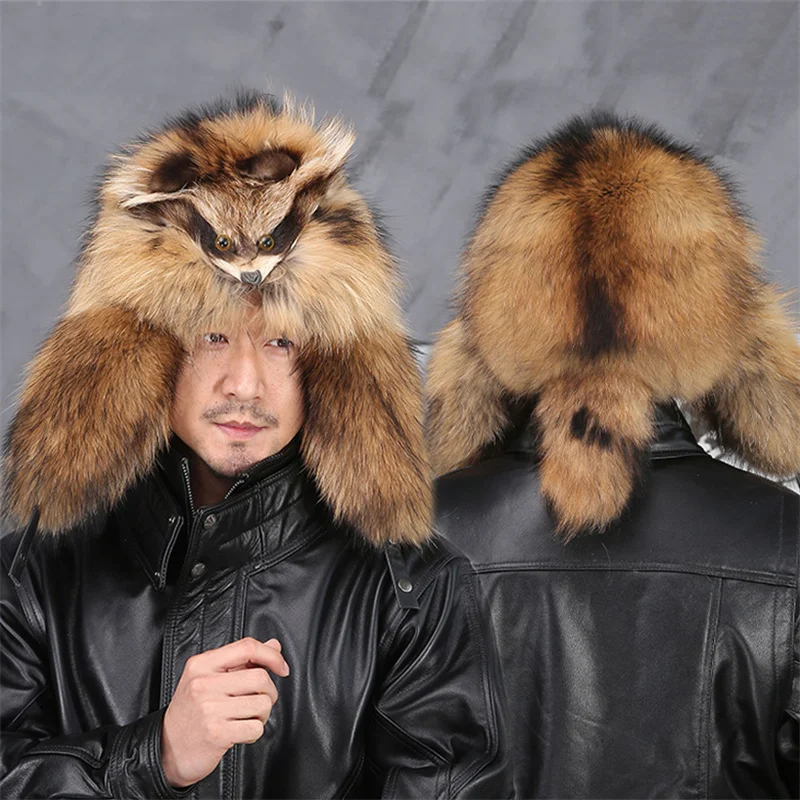 Real Fur 100% Raccoon Fox Skin Russian Hats Pilot Bombers Full Mao Men\'s Hat Ushanka Winter Ear Guard Hat Raccoon Fur Beanie Hat