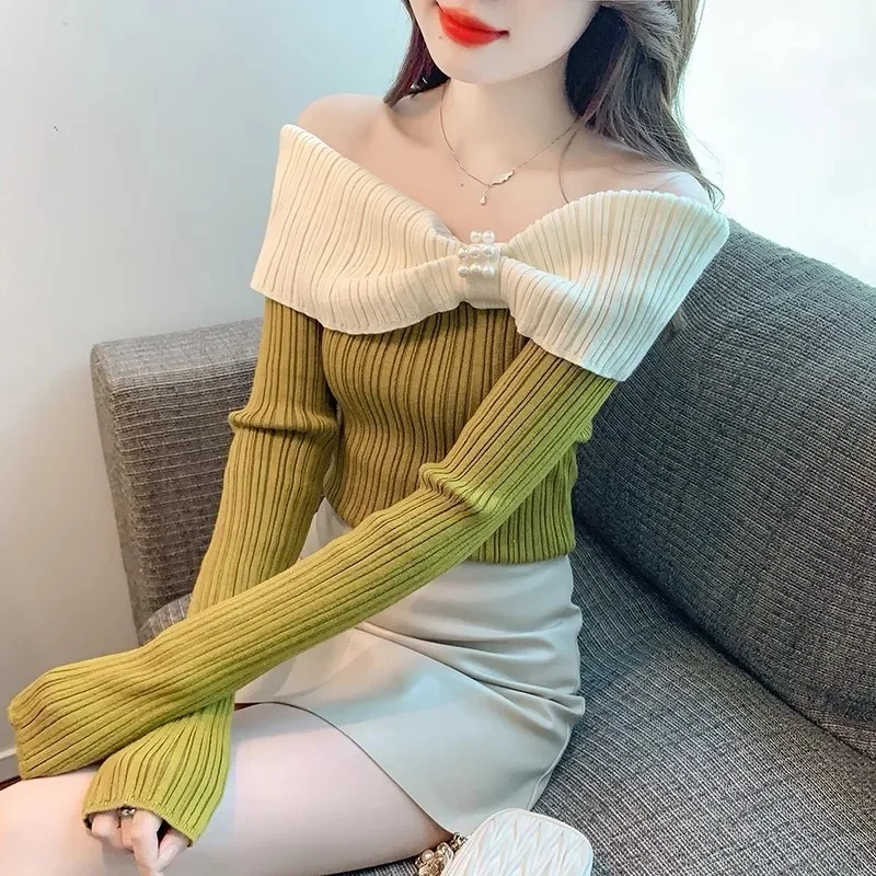 

Sweet Sweater Women's Clothing Slash Neck Bow Off Shoulder Jumper Pull Femme Beading Fashion Temperament Knit Cropped Pullovers