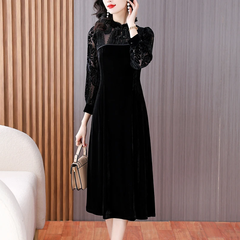 

2023 New Chinese Style Silk Dress Women's Autumn And Winter Black Velvet Dress Korean Lace Loose Fit Casual Party Vestidos